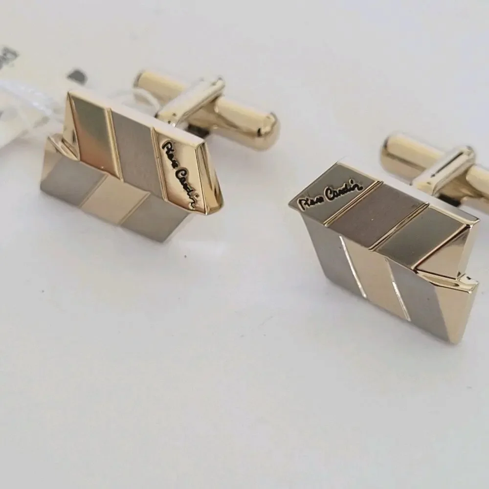 Pierre Cardin Gold Silver Tone Logo Cufflinks Tie Bar Clasp Vintage Geometric